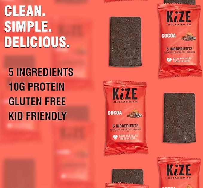 KiZE Energy Bars - Cocoa - 30-Count - Gluten Free, Non-GMO, and High Protein Meal Replacement Energy Bars, Clean and Simple Food Ingredients - 10g High Protein Snacks (30 Count)