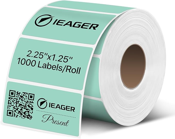 iEager 2.25x1.25 Inch Thermal Labels, Green Durable Thermal Printer Stickers, Self-Adhesive Rectangle Shipping Label Printer Sticker for Barcode, Name, Address, 1000 Labels/Roll