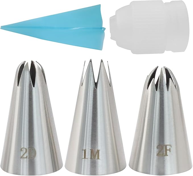 3 Pcs 1M 2D 2F Piping Tips, Stainless Steel Decorating Seamless Nozzles Icing Tips with Coupler Adapter & 12In Silicone Pastry Bag, Baking Tools for Birthday Cakes/Cupcakes/Cookie