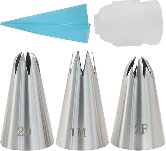 3 Pcs 1M 2D 2F Piping Tips, Stainless Steel Decorating Seamless Nozzles Icing Tips with Coupler Adapter & 12In Silicone Pastry Bag, Baking Tools for Birthday Cakes/Cupcakes/Cookie