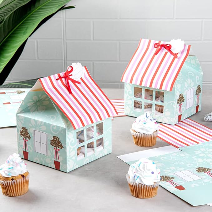 Restaurantware Pastry Tek 6 Inch x 7.8 Inch Cupcake Gift Boxes 100 Fits 4 Cupcake Favor Boxes - House Cupcake Inserts Pink And Blue Paper Treat Boxes With Window For Weddings Or Parties