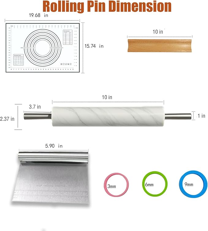 White Marble Rolling Pin with Stainless Steel Handles Baking Set - Silicone Baking Mat, Stainless Steel Dough Cutter，Marble Rolling Pin with 3 Multi-Color Thicknesses and Wooden Base