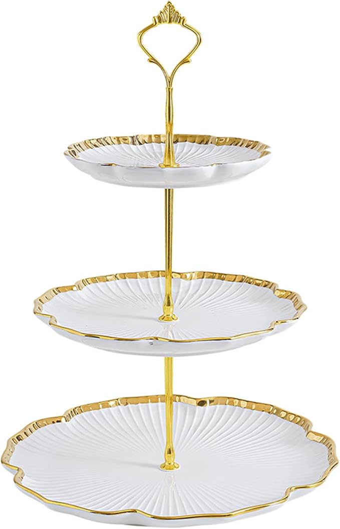 3 Tier Porcelain Serving Tray with Elegant Floral Gold Trim - Embossed Food Grade Tiered Cupcake Stand - Serving Stand for Parties & Weddings & Baby Showers