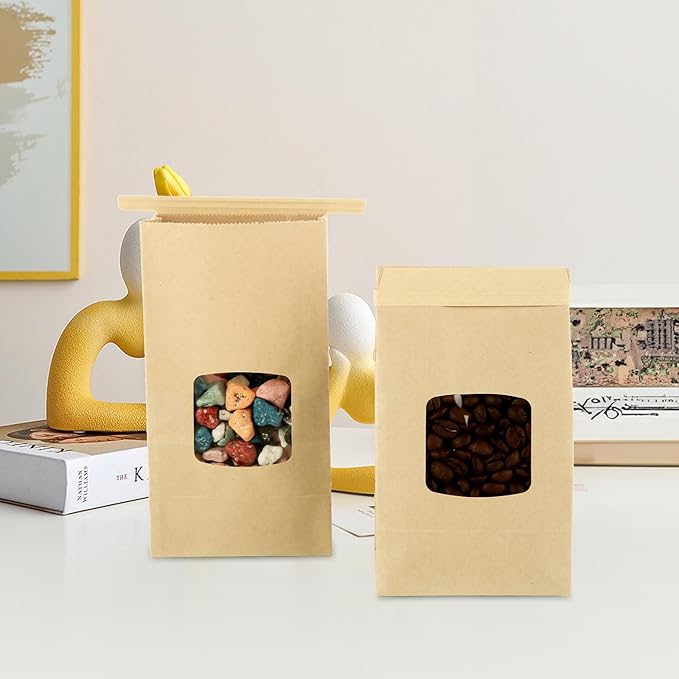 QTLCOHD 150 Pcs Small Bakery Bags with Window 3.54 x 2.36 x 6.7 Brown Tin Tie Tab Lock Kraft Paper Bread Bags for Cookies, Treat, Coffee, Pastry