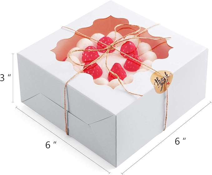 Eupako 6x6x3-Small-Cakes-Boxes - Bakery-Boxes-with-Window-White-Cookie-Boxes-Kraft-Treat-Boxes-Charcuterie-Box for Pastry, Cupcakes, Pie, Donuts