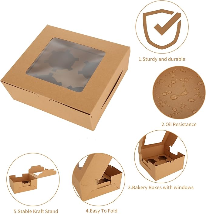 QTLCOHD 100Pcs Cupcake Boxes 4 Count Cupcake Containers 6x6x3 Inch Brown Cupcake Box Bulk for Cupcakes Muffins Cookies Pastries