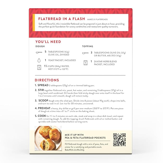 King Arthur Baking Company Perfectly Tender Flatbread Mix Kit 16.5 oz., Baking Mix - Ready in 1 hour (Pack of 2)