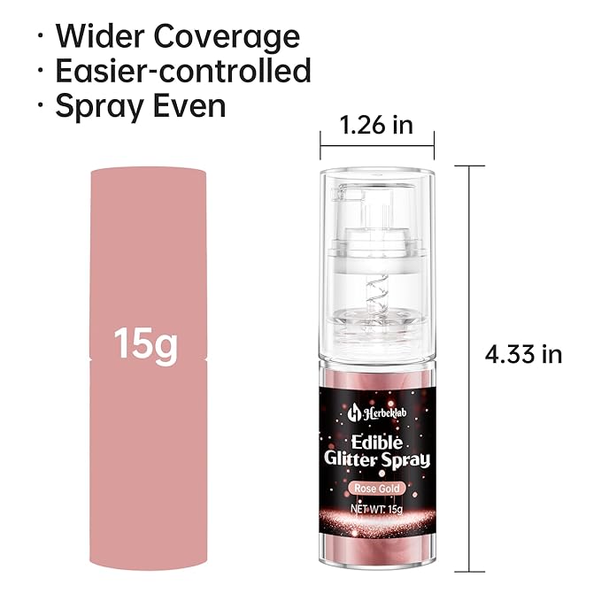 Rose Gold Edible Glitter - 15g Edible Glitter Spray Food Grade Rose Gold Drink Glitter for Cakes, Cookies, Cake Pops, Chocolate, Strawberries, Cocktails & Beverages