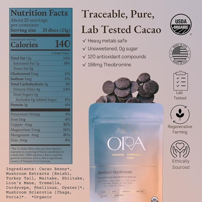 ORA Ceremonial Cacao - Mystical Mushroom - Organic 100% Cacao with Lion's Mane, Reishi, Chaga - Ethical - High Flavanol - Unsweetened - Heavy Metals Tested - 16oz