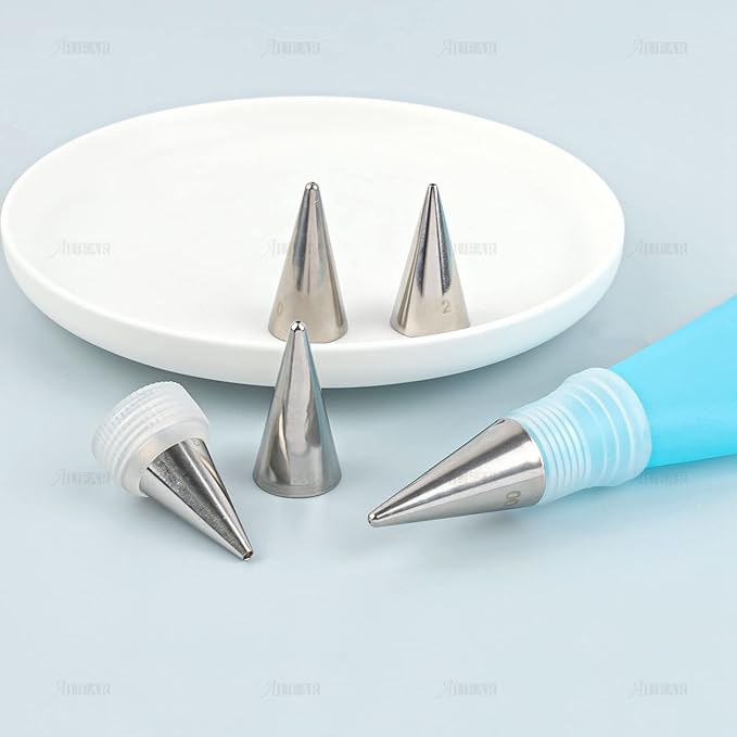 AUEAR, Cake Decorating Sugar Cookie Piping Tips 5 Writing Tube 1 Coupler 1 Silicone Pastry Bag (7 Pack)