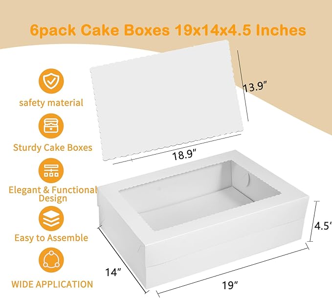 Aufind 12pcs Cake Boxes with Cake Board, 19x14x4.5 Inches White Bakery Boxes with Large Window for Quarter Sheet Cakes, Donuts, Cupcakes, Pastry & Pies (12)