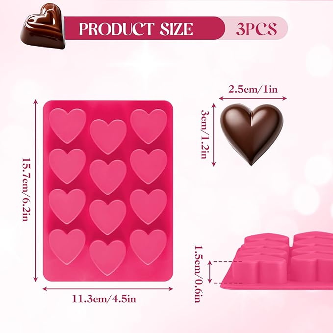 3Pcs Heart Molds Silicone, Premium Heart Silicone Mold for Baking, Chocolate, Non-stick Silicone Heart Mold for Cakes Candies Soap