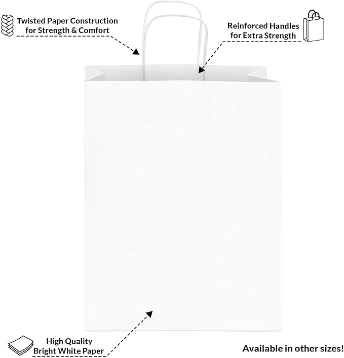 Prime Line Packaging White Gift Bags, Shopping Gift Bags Medium with Handles for Small Business, Boutiques, Retail, Merchandise, Party Favors, Bulk 10x5x13, 25 Pack