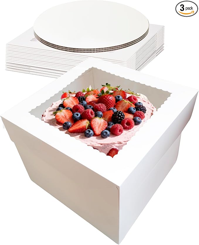 3 Sets Cake Boxes,10x10x8 Inch Tall Cake Box with Cake Boards 10",Disposable Cake Containers with Lids,White Bakery Boxes with Large Window,for Layer Cakes,Pies,Donuts,Cookies,Wedding,Birthday,Party