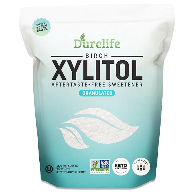 DureLife XYLITOL Sugar Substitute 2.5 LB (40 OZ) Made From 100 % Pure Birch Xylitol NON GMO - Gluten Free - Kosher, Natural sugar alternative,