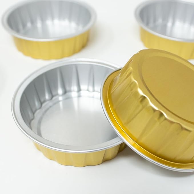 CMJJ 100ct Tiny 2oz Gold Bakeable Aluminum Cups | Mini Disposable Ramekins | Baking Essentials for Parties, Weddings, Catering