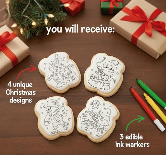 Christmas Cookie Decorating Kit Gift For Kids | 4 Jumbo Cookies + 3 Edible Markers | Holiday Coloring Activity