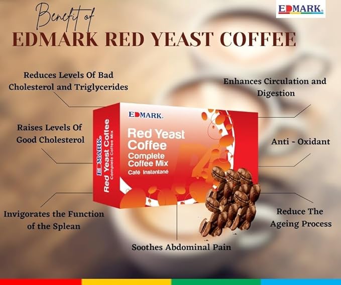 EDMARK Sugar Free Red Yeast Coffees - Organic Coffee Blend With Rose Petal Extract - Red Coffee Pods Cups Coffee's Lover Gifts - 15g × 20 Sachets