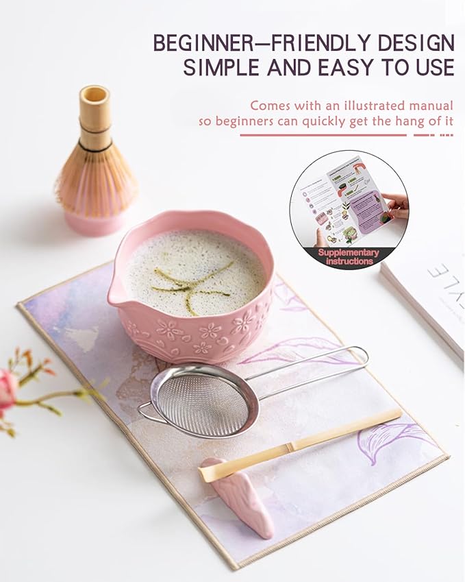 Matcha Whisk Set 9 Pcs – Matcha Bowl, Whisk, Sifter, Spoon, Gift Card ane Portable Carry Bag for Latte Travel,Gift for Matcha Lovers (Pink)