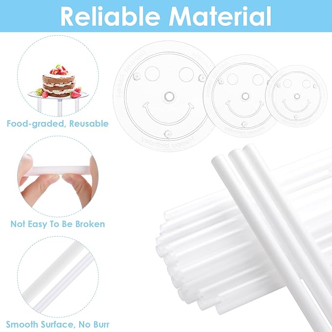 18 Pieces Cake Dowel Rods Set, 15 Pcs Cake Dowels Rods with 3 Pcs Cake Boards (6, 8,10 Inch) Cake Dowels for Tiered Cakes, Plastic Cake Support Rods for Wedding Cake Construction and Stacking