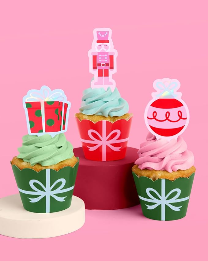 xo, Fetti Christmas Cupcake Toppers + Wrappers - Set of 24 | Kids Cake Decoration, Xmas Party Decor, Holiday Supplies, Winter Dessert Accessory