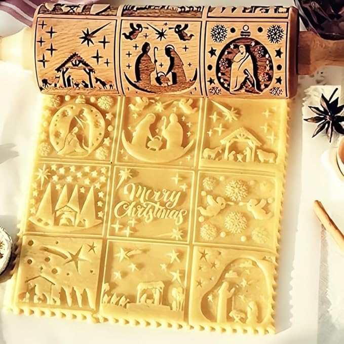 Christmas Wooden Embossing Rolling Pin - Engraved Snowflake Flower Design, Cookie Stamps Roller for Embossed Cookies, Cute Kitchen Decor DIY Baking Tool for Kids and Adults (9 Grilles Jesus)