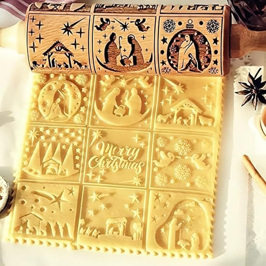 Christmas Wooden Embossing Rolling Pin - Engraved Snowflake Flower Design, Cookie Stamps Roller for Embossed Cookies, Cute Kitchen Decor DIY Baking Tool for Kids and Adults (9 Grilles Jesus)