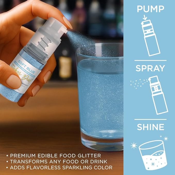 Bakell - Soft Blue Tinker Dust (4g, 1x Mini Spray Pump) Edible Glitter for Food, Desserts, and Beverages!