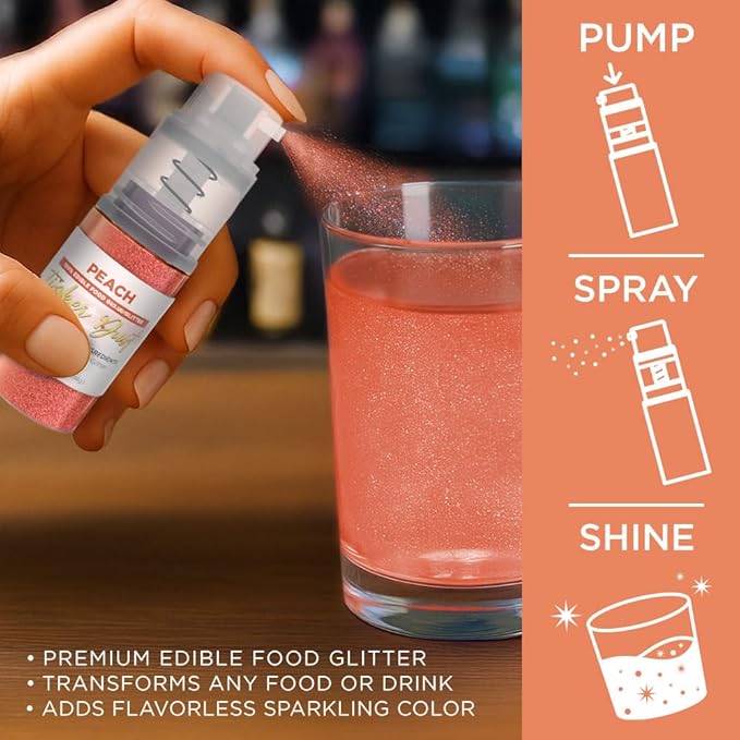 Bakell - Peach Tinker Dust (4g, 1x Mini Spray Pump) Edible Glitter for Food, Desserts, and Beverages!