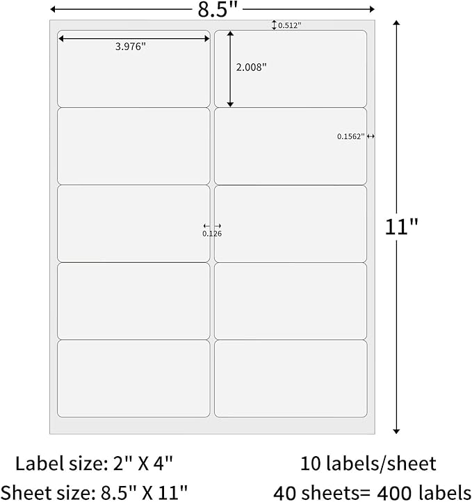 2" x 4" Shipping Labels, 10 UP Address Labels, 400 Labels Sticker Paper for Laser/Inkjet Printer Mailing Labels, Permanent Adhesive Sticker Labels(40 Sheets)