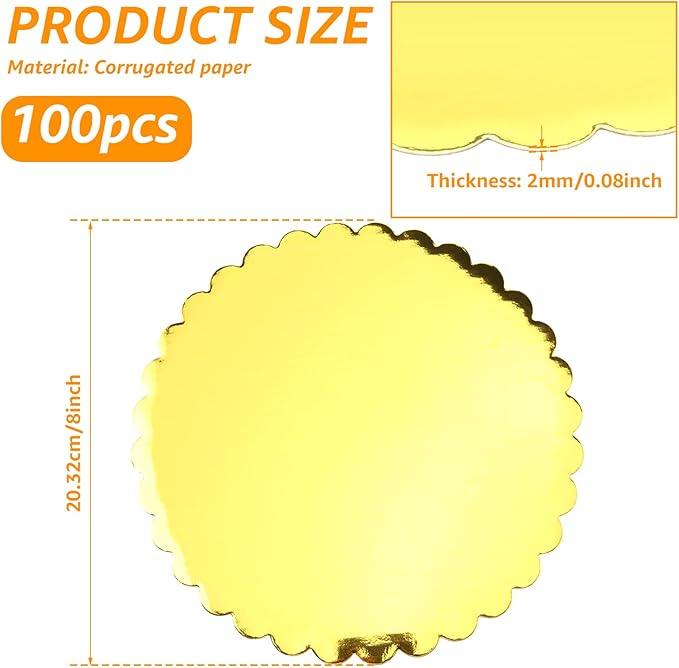 100 Pack 8 Inch Gold Wave Cake Boards, Round Cake Base Board Circles, Disposable Cake Stand Pizza Cardboard for Wedding Birthday Anniversary