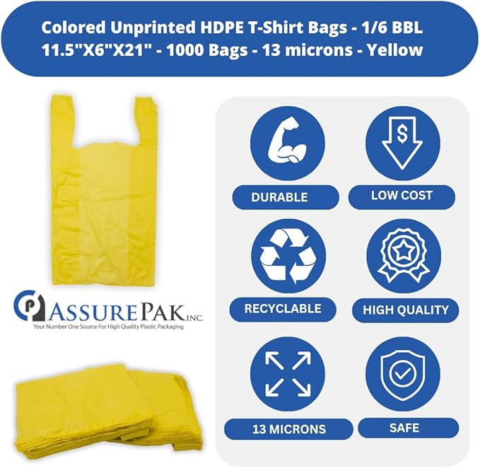 ASSUREPAK 1000 Bags - Colored Unprinted HDPE T-Shirt Bags - 1/6 BBL 11.5"X6"X21" - 13 microns - Yellow - Perfect for Groceries, Shopping, Boutique Bags and Retail Stores LOOP-YELLOW