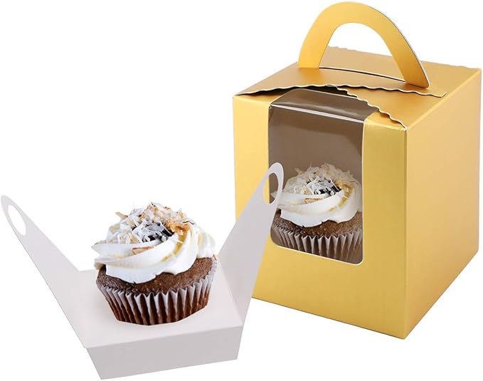 EUSOAR Gold Cupcake Boxes, 25pcs 3.6"x 3.6"x 4.3" Single Cupcake Carrier with Window Insert and Handle, Kraft Pastry Containers, Muffins Cupcake Carriers for Bakery Wrapping Party Favor Packing