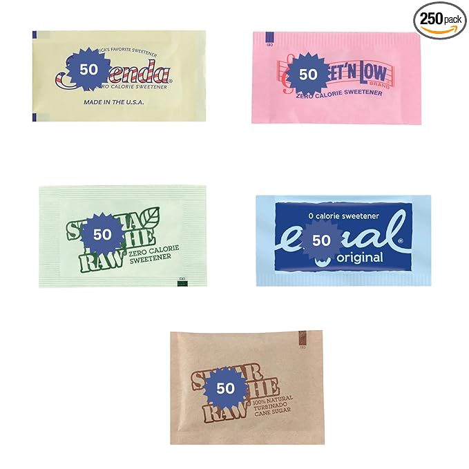 Sugar Packets Variety Pack - 250 Count Assorted Pack with Stevia, Cane Sugar & Substitutes – Individual Sweeteners for Coffee Station, Stvia, Home, Office & Travel (250)
