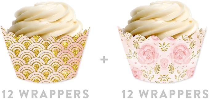Andaz Press Party Cupcake Wrapper Decorations, Pink Roses and Blush Pink and Gold Design, 24-Pack, Theme Colored Bulk Cake Supplies
