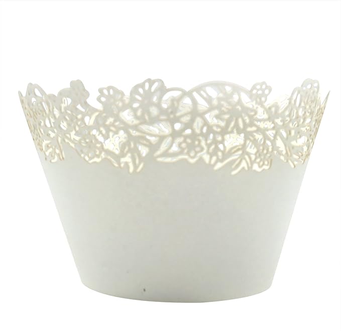 Cupcake Wrappers Pack of 50 White Filigree Artistic Bake Cake Paper Cups Little Vine Lace Laser Cut Liner Baking Cup Muffin Case Trays for Wedding Party Birthday Decoration -By KEIVA