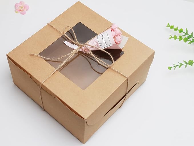 PQZKLDP 10Packs 10x10x5 Inches Brown Kraft Cake Boxes with Window, Gift Packing, Bakery Boxes, Dessert, Pastry, Cupcake, Pie Cookies, With Stickers,66 FT Twine (10 * 10 * 5 Inch, Brown)
