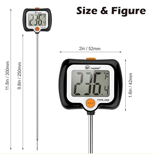 Digital Candy Thermometer with Adjustable Display, 304 Stainless Steel Probe, -58°F~572°F, Includes 2 Pot Clips & Heat-Insulating Pad for Sugar Syrup, Jam, Chocolate, Frying Oil (Black)