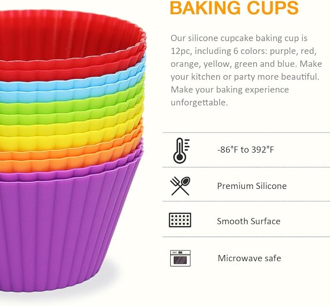 Extra Large Silicone Cupcake Muffin Cups 12 Pack, 3.54 Inch Muffin Liners, Reusable Jumbo Silicone Baking Cups Easy to Clean, Great for Cupcake, Mousse(Multicolor)