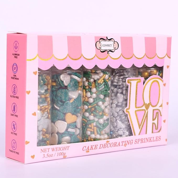 Confect Christmas Sprinkles | White, Grey, Gold & Holly Green Mix | Edible Pearl, Heart & Flower Shaped Sprinkles | Holiday Cake & Cupcake Decorations- 5 Oz