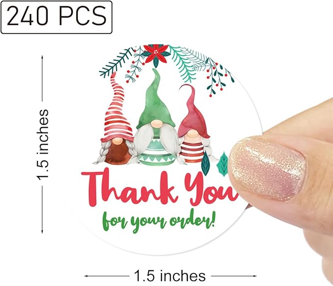 Wailozco 240 PCS Thank You for Your Order Gnome Stickers,Cute Small Business Envelopes Stickers Packages/Handmade Goods/Bags ,Christmas Theme Shop Seals