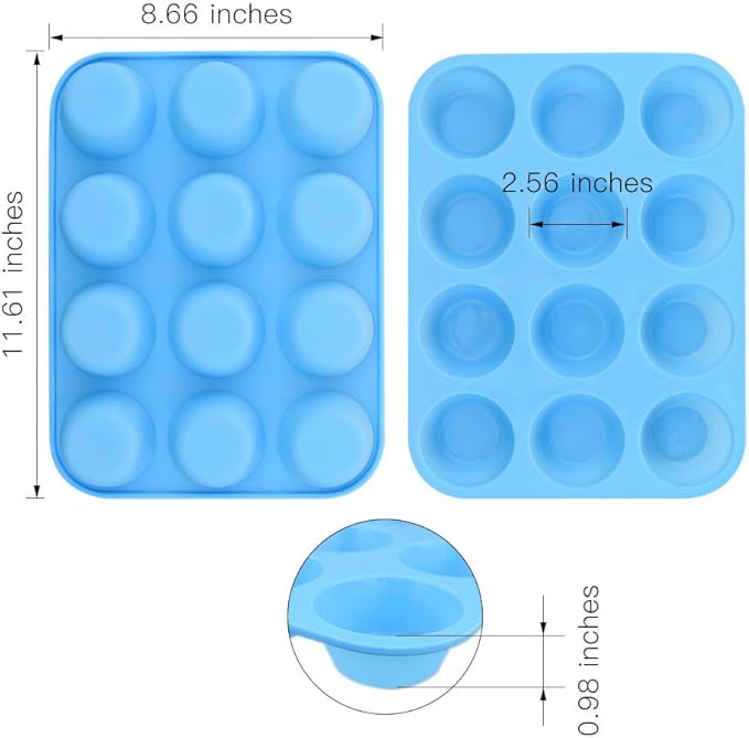 homEdge 12-Cup Silicone Muffin Pan, Pack of 2 Non-Stick Muffin Molds, Baking Pan for Cupcake, Tarts, Egg Bites-Blue