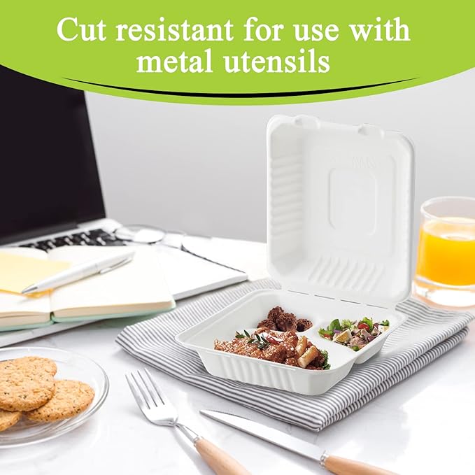 three leaf 9" X 9" 3 COMPARTMENT BAGASSE CLAMSHELL, 200 Ct. Heavy-Duty- Super Strong- Natural- Eco-Friendly Disposable Bagasse Clamshell, 100% Biodegradable 9 inch clamshell