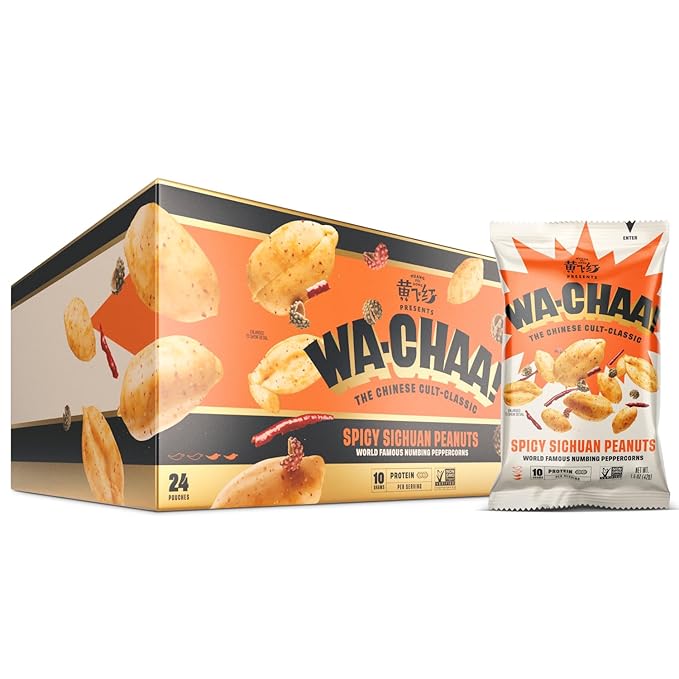 WA-CHAA! Spicy Sichuan Peanuts, Numbing Mala Peppercorns, Toasted Chili Flakes, Protein-Packed, Party Snacks, Non-GMO, On-The-Go Travel Size 1.5 Oz (24 Pack, Original Heat)