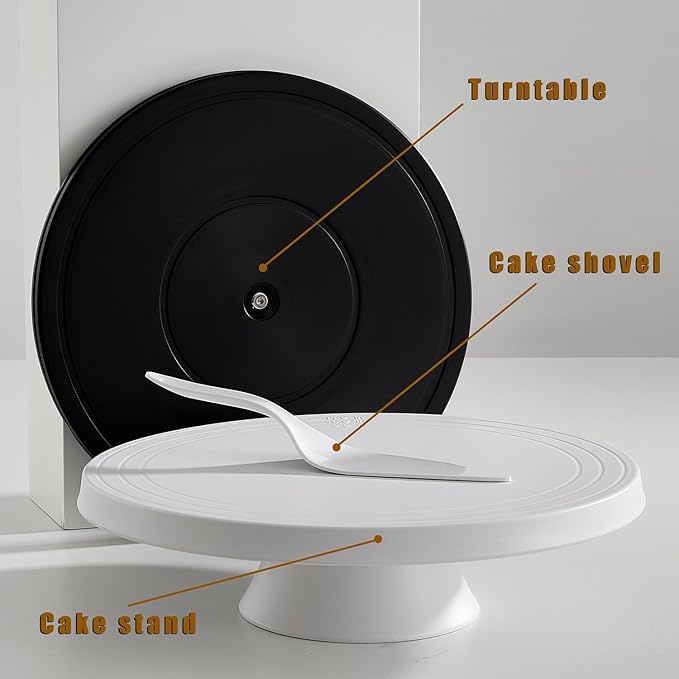 12 inch Revolving Cake Stand with Spatula, White Rotating Cake Turntable for Cake, Bamboo Fiber, Multi-Functional Rotating Cake Stand for Decorating Used as Cake Plate Holder & Serving Platter