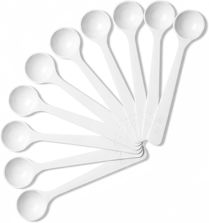 1g Plastic Measuring Spoons (2ml) – Pack of 10 Small Scoops for Protein Poweder, Baby Formula, Baking, Coffee, Supplements – Approx. 1/5 Teaspoon Scoop (tsp)