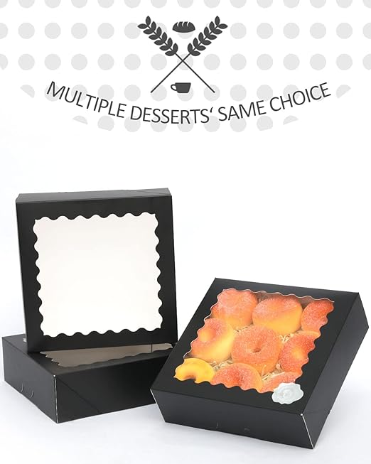 qiqee Auto-pop Up 30pcs Pie Box With Window 9x9x2.5 Inch Donut Pastry Boxes Black Bakery Box