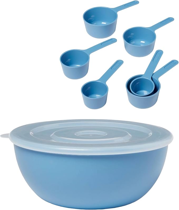 Plastic Mixing Bowl 2.8 L with Measuring Spoons Set – Non-Slip Base, Easy-Pour Spout, Nesting Design, Kitchen Tool Set for Baking, Cooking, and Food Prep