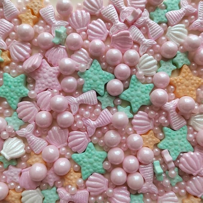 Homankit Mermaid Sprinkle Sweets Sprinkles for Baking Dessert Cupcake Cake Topper Starfish Shell Pearl Mermaid Candy Mix 3.53 Ounces