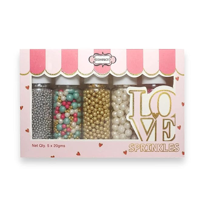 Confect Assorted Sprinkles Mix Pack of 5 – Silver, Gold, White, Blue Dragees & Bright Pink Sugar for Cake & Cupcake Decoration | Edible Toppings for Movie Night, Disco Party & Baking Fun | Vegan, Gluten Free, Nut-Free, Palm Oil-Free- 5 oz
